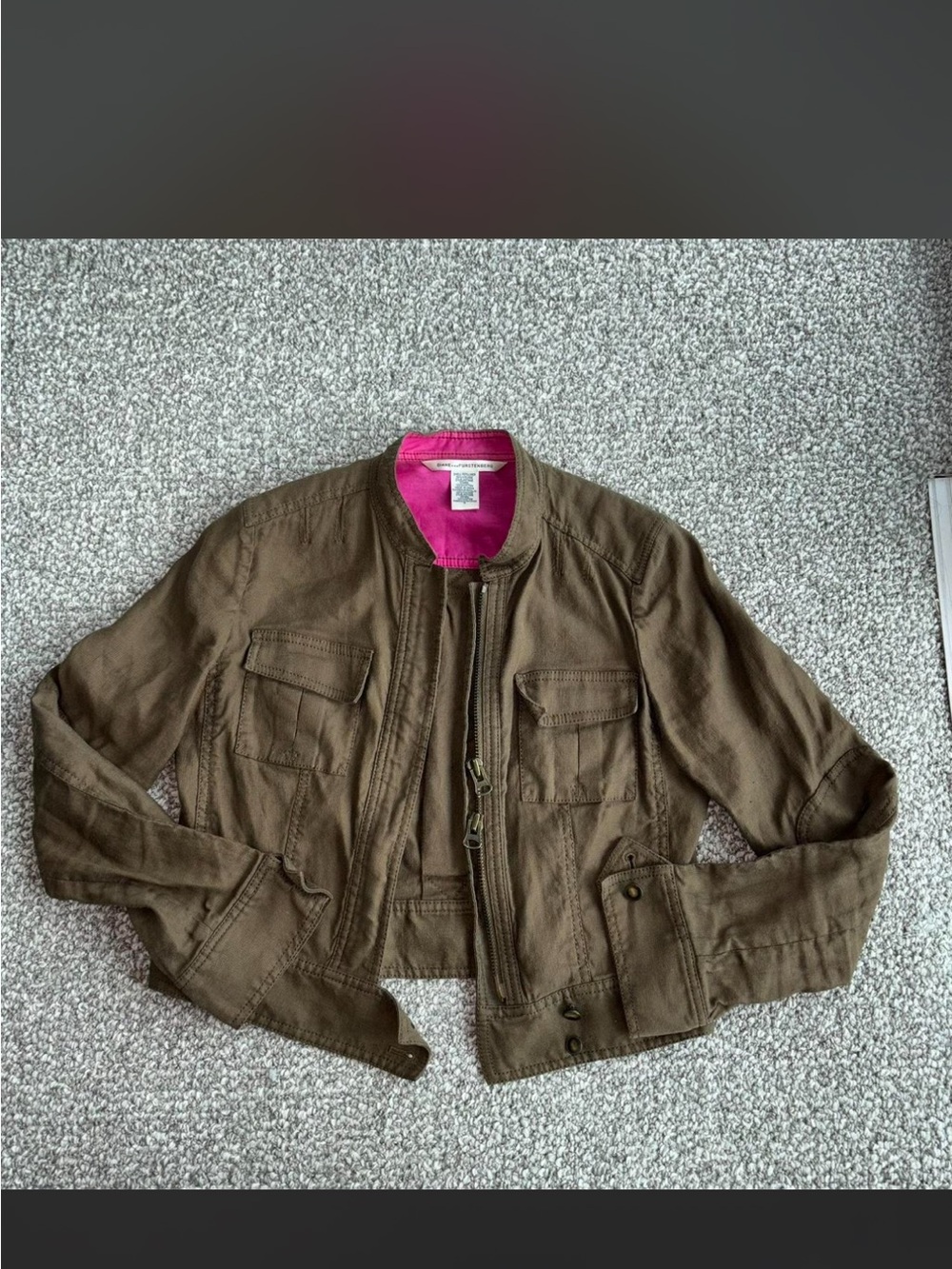 Diane Von Furstenberg Olive Utility Jacket with Fuchsia Lining